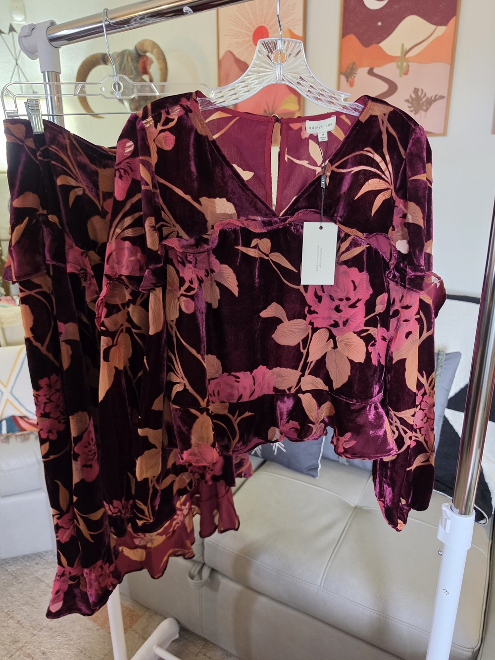 Adelyn Rae Velvet Floral Top & Pants Set NWT Burgundy Pink Boho Romantic Size M